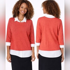 NWT FOXCROFT NY 2 in 1 Miles Top Knit Sweater White Button Look Mixed Media 2fer